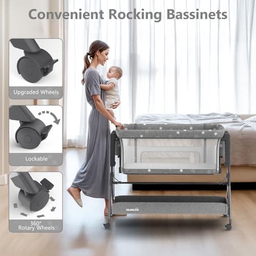 BIUSIKAN 3 in 1 Baby Bassinet, Rocking Bassinet Bedside Sleeper with Comfy Mattress and Breathable Mesh, 6 Height Adjustable & Upgraded Wheels Portable Bedside Crib for Newborn thumbnail 6