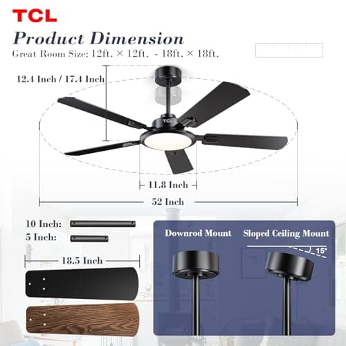 TCL Ceiling Fans with Lights, 52 Inch Ceiling Fan with Light and Remote Control, Reversible DC Motor, Noiseless, Dimmable 36W LED, Modern Ceiling Fan for Bedroom Living Room (Black thumbnail 4