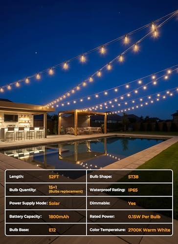 Brightown 52FT Solar String Lights Outdoor Waterproof, Patio Lights with Remote and 15+1 LED Shatterproof Bulbs, Dimmable & Timable, 3 Light Modes, Solar Lights Outdoor for Yard Ga thumbnail 8