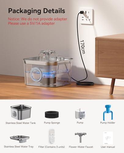 Stainless Steel Cat Water Fountain, 2.8L with 20dB Ultra-Quiet Pump- Ideal for Timid Pets, LED Water Level Window, Dishwasher Safe, 24/7 Circulation- Includes 3 Replacement Filters thumbnail 8