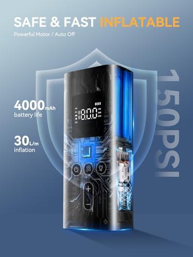 AIRSURE Tire Inflator Portable Air Compressor, 150 PSI Fast Inflation Cordless Air Pump with LED Light, Auto Shut-Off, Rechargeable Battery for Car, Motorcycle, Bike, and Sports Ba thumbnail 3