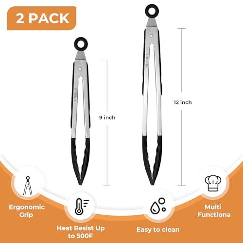 FINENUT Stainless Steel&Silicone Food Tongs Set of 2 (9+12 Inch)-BPA-Free&Non-Toxic Heat Resistant Non-Scratch BBQ&Cooking Tools,Strong Grip Locking for Grilling,Air Fryer,Salad,Di