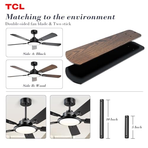 TCL Ceiling Fans with Lights, 52 Inch Ceiling Fan with Light and Remote Control, Reversible DC Motor, Noiseless, Dimmable 36W LED, Modern Ceiling Fan for Bedroom Living Room (Black thumbnail 8