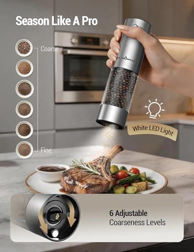 ThermoMaven Upgraded Larger Capacity Electric Salt and Pepper Grinder Set, 110ml Rechargeable Salt and Pepper Shaker with LED Light, Stainless Steel Automatic Pepper Mill with 6 Ad thumbnail 2