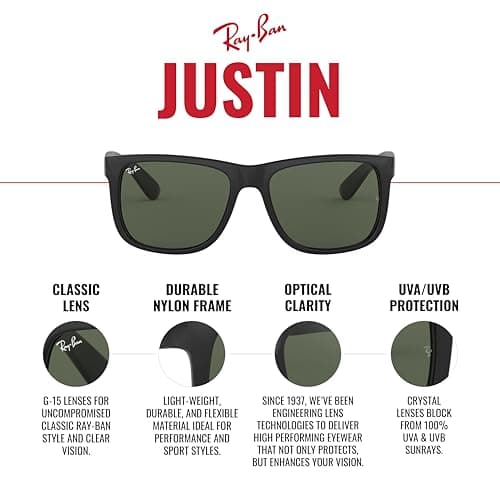 Ray-Ban RB4165 Justin 601/71 55MM Black/Plastic Lens Green Square Sunglasses for Men thumbnail 5