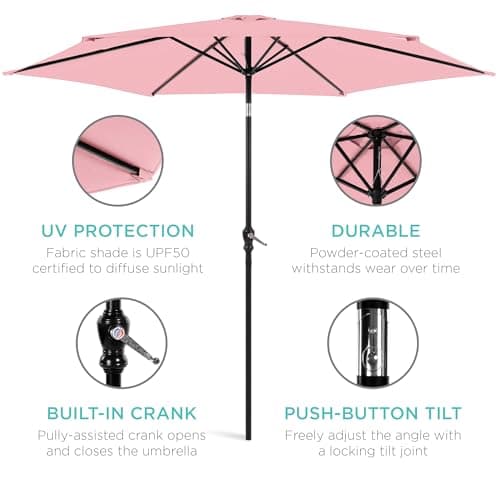 Best Choice Products 10ft Outdoor Patio Umbrella, Outdoor Table Umbrella, Yard Umbrella, Market Umbrella with 8 Sturdy Ribs, Push Button, Tilt and Crank - Carnation thumbnail 5