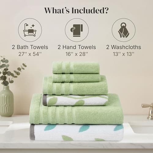 Set de 6 Toallas Modern Threads Natural Vine 100% Algodón Jacquard - Absorbentes y Suaves - Salvia
