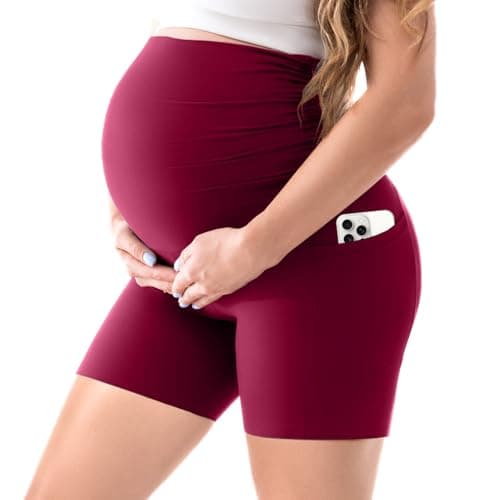 Walifrey Women's Maternity Shorts with Pockets Over The Belly,Pregnancy Yoga Pants Activewear Biker Shorts Casual Burgundy S