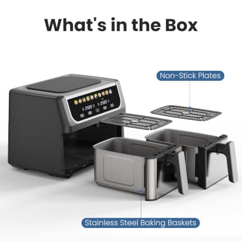 OLIXIS Dual Air Fryers with 2 Baskets 9.5 Quarts Large Airfryer 10-in-1