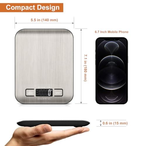 CROWNFUL Food Scale, 11 lb Digital Kitchen Scales with Built-in Coin Battery, Weight Ounces and Grams for Cooking and Baking, 6 Units with Tare Function, LCD Display, 304 Stainless thumbnail 7