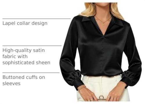 Women's Satin Silk Shirts Long Sleeve Casual Work Blouse Collared V Neck Top Fall Dressy Tops Black S thumbnail 4