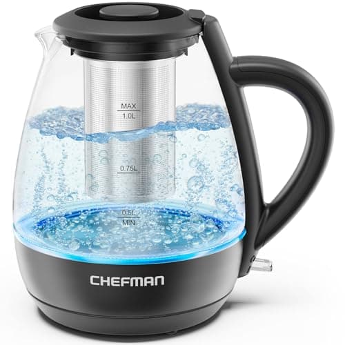 Chefman Electric Kettle with Tea Infuser, Compact 1L (4 Cups), 1500W, Removable Lid for Easy Cleaning, Boil-Dry Protection, Stainless Steel Filter, BPA Free, Auto Shut Off, Small E