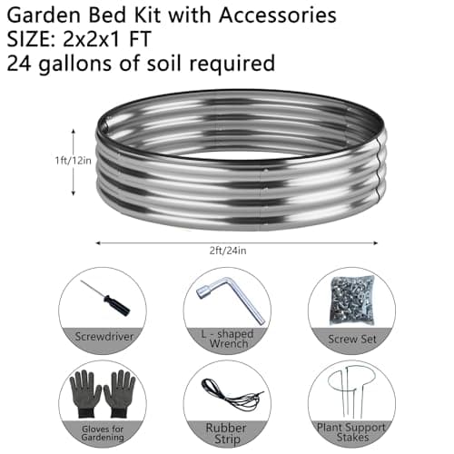 ZFHgarden Galvanized Metal Planter Round Raised Garden Bed Kit for Gardening Outdoor，2x2x1ft 2pc Grow Garden Box Raised Flower Bed，Round Galvanized Planter Outdoor Metal Fire Pit R thumbnail 2