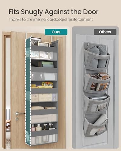 SONGMICS Over The Door Organizer, Hanging Door Organizer with 5 Large Pockets, 5-Tier Fabric Storage, Transparent Nylon Mesh, Foldable, Metal Hooks, with Side Pouches, Dove Gray UR thumbnail 4