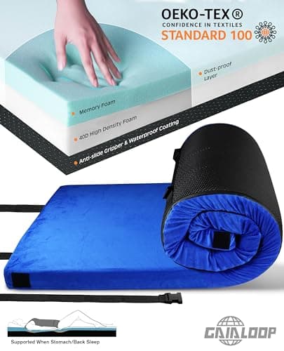 Colchón GAIALOOP de Camping Memory Foam 3" Doble Capa (72x24x3") - ¡Portátil para Coche, Tienda o Catres!