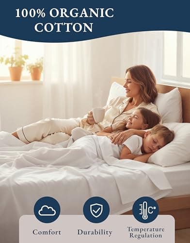 LANE LINEN Eco Friendly 100% Organic Cotton Queen Sheet Set, Soft & Comfy Fully Elasticized 15" Deep Pocket Bed Sheets, Low Pill Naturally Cooling Machine Wash Sábanas Queen- White