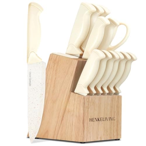 HENKELIVING 14-Piece Cream Kitchen Knife Block Set with Built-in Sharpener | Dishwasher safe, german high-carbon stainless steel blades, ultra-sharp edges, ergonomic non-slip handles
