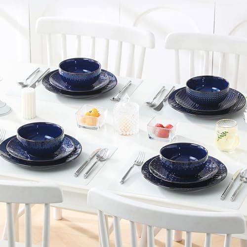 MALACASA 12 Pieces Dinnerware Sets, Modern Plates and Bowls Sets, Blue Dish Set for 4, Kitchen Ceramic Dinner Plates Dishware Set, Microwave and Dishwasher Safe, Series LYDIA thumbnail 7