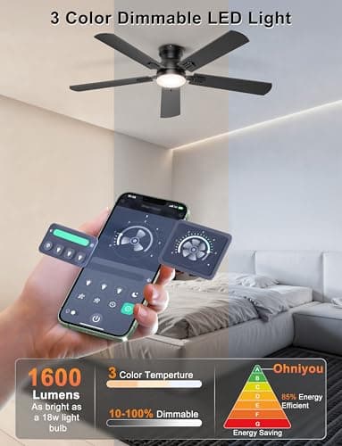 Ohniyou Ceiling Fans with Lights, 52 Inch Low Profile Ceiling Fan with Light and Remote/APP Control, Flush Mount, Dimmable, Quiet DC Motor, Black Ceiling Fan for Bedroom, Living Ro thumbnail 4