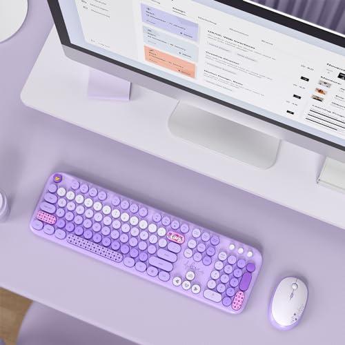 MOFII Wireless Keyboard and Mouse Combo, Full Size 2.4G Plug and Play Typewriter Retro Round Computer Keyboard and Mouse Set for Windows, Computer, Desktop, PC, Notebook - (Purple 