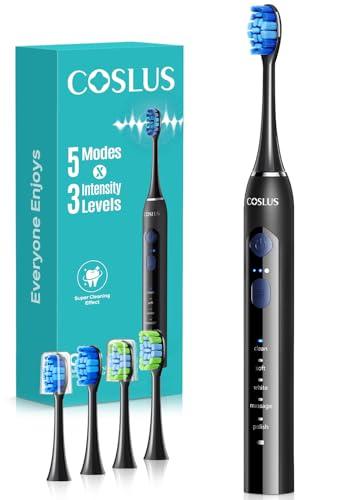 COSLUS Sonic Electric Toothbrush for Adults: 3 Intensities & 5 Modes Gum-Friendly for Deep Cleaning & Whitening - 2 Types of Heads for Family, Sensitive Teeth, Braces, Travel & Hom