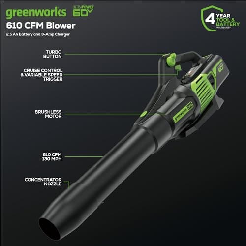 Miniatura de Soplador de Hojas Eléctrico Greenworks 60V, 610 CFM, con Batería de 2.5 Ah y Cargador 2