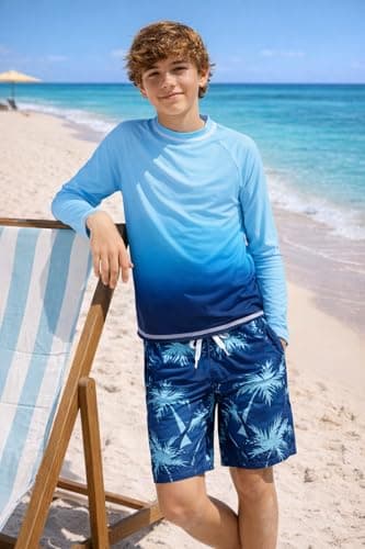 Belovance Boys Two Piece Rash Guard Swim Set Kids Long Sleeve Bathing Suit Swimwear Shirt with Trunks Swimming Suits Surfing Beach Clothes Quick Dry Size 6 7 Dark Blue thumbnail 3