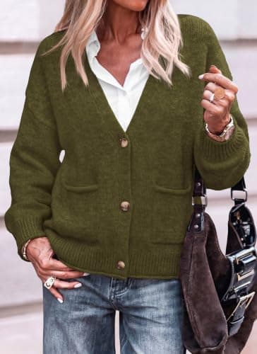 Miniatura de Cárdigan Corto Casual Dowerme para Mujer con Botones, Tejido Grueso, Verde Militar, Talla S 8