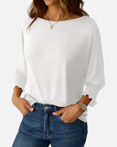 NORACORA Women's 3/4 Sleeve Tops Loose Fit Shirts Dressy Casual Crew Neck T Shirts for Women Basic Tees Shirt with Smocked Cuffs 2025 Fall Fashion Blouse White XS thumbnail 3