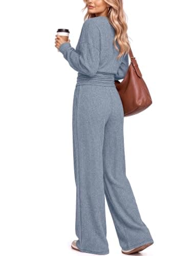 Two Piece Sets for Women Y2K Matching Set Cute Fall Clothes Winter Blue M | 2 piece sets for women, airport travel outfit, lounge sets, going out, cinched waist crop tops, wide leg pants, holiday thumbnail 5