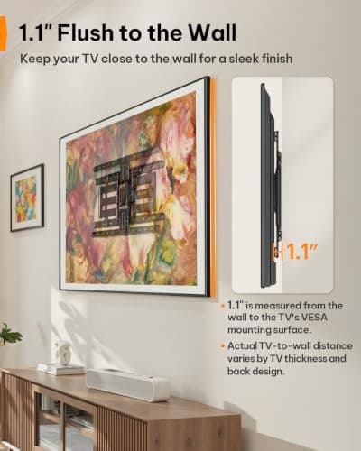 Perlegear Ultra Slim TV Wall Mount 1.1" Low Profile for 42-90" TVs, Fits 16"/24" Studs, Full Motion TV Mount Wall Bracket with Dual Articulating Arms, Swivel, Tilt, Max VESA 600x40 thumbnail 4
