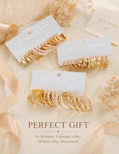Gold Hoop Earrings Set for Women, 18 Pairs Chunky Statement & Huggie Hoops thumbnail 6