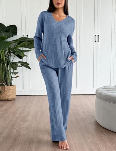 Ekouaer Lounge Sets for Women Long Sleeve Knit Ribbed Pajama Sets 2 Piece Casual Loungewear with Pockets thumbnail 2