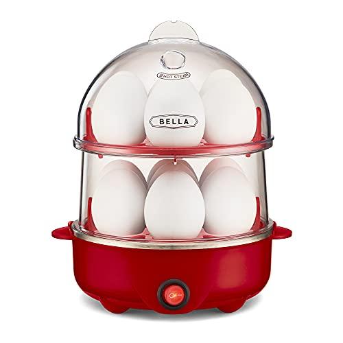 BELLA Double Tier Egg Cooker, Rapid Boiler & Poacher, Meal Prep Essential, Family Sized Meals: Make Up To 14 Large Boiled Eggs, Dishwasher Safe Parts, Poaching Tray Included, Red
