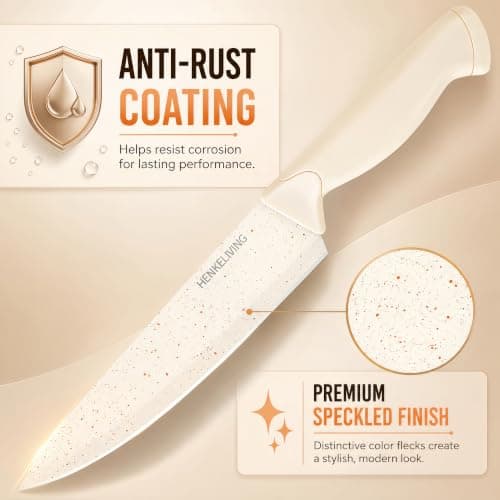 HENKELIVING 14-Piece Cream Kitchen Knife Block Set with Built-in Sharpener | Dishwasher safe, german high-carbon stainless steel blades, ultra-sharp edges, ergonomic non-slip handles thumbnail 7
