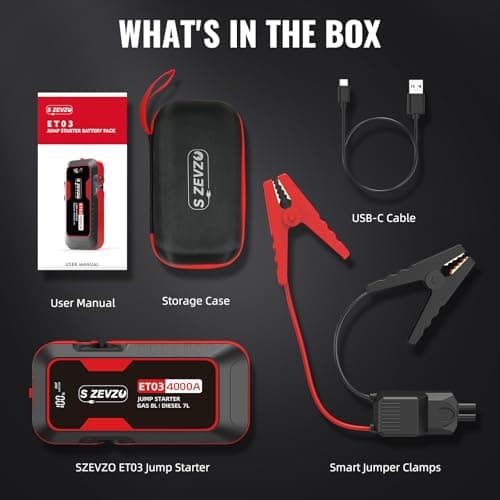 S ZEVZO ET03 Car Jump Starter 4000A Jump Starter Battery Pack for Up to 8.0L Gas and 7.0L Diesel Engines, 74Wh Portable 12V Jump Box with USB Ports, LCD Display, Storage Case, and  thumbnail 6