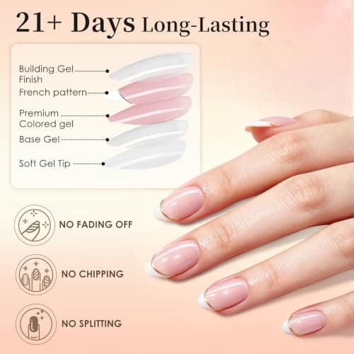 HELIVIVE French Tip Press On Nails, Short Almond 32Pcs 16 Sizes Fake Nails | Reusable Stick-On Nails with Glue, 3 Weeks Wear,Salon-Quality Natural Fake Nails,Curved Fit,Nude Pink & White with Gold Lin