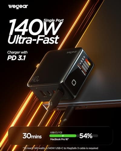 wegear 140W GaN USB C Charger Block, 4-Port PD3.1 Fast Wall Charger with Smart Display & Touch Control, Foldable Power Adapter with 240W USB-C Cable for MacBook Pro, iPhone 18/17, iPad, Galaxy S25/S24