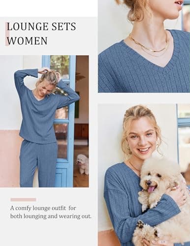 Ekouaer Lounge Sets for Women Long Sleeve Knit Ribbed Pajama Sets 2 Piece Casual Loungewear with Pockets thumbnail 6