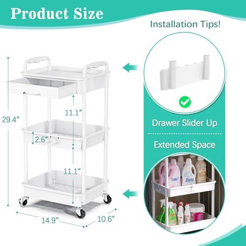 SUNALLY 3 Tier Rolling Cart with Drawer, Bathroom Storage Organizer with 2 Lockable Wheels, Multifunctional Rolling Storage Cart for Bathroom, Kitchen, Office, Craft, Makeup, Baby  thumbnail 2