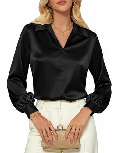 Women's Satin Silk Shirts Long Sleeve Casual Work Blouse Collared V Neck Top Fall Dressy Tops Black S