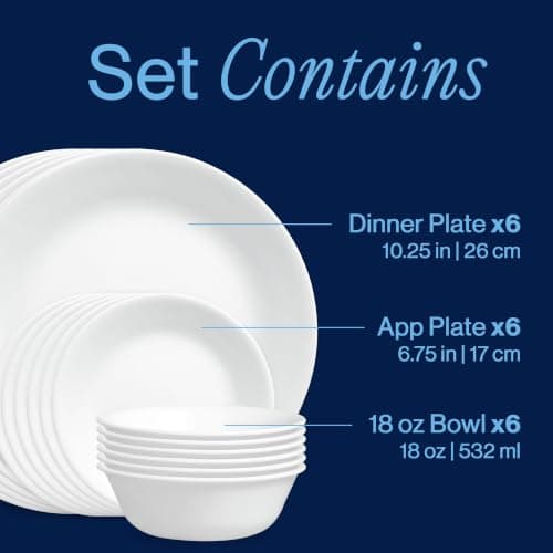 Miniatura de Vajilla Corelle Vitrelle 18 Piezas para 6 Personas - Vidrio de Triple Capa Resistente y Ligero, Blanco Invernal 3