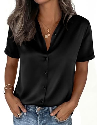 PRETTYGARDEN Womens 2026 Summer Button Down Shirts Short Sleeve Work Tops Dressy Satin Blouses Spring Business Casual Outfits (Black,Small) thumbnail 5