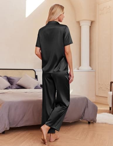 Miniatura de Pijama de Satén Ekouaer para Mujer: Set 2 Piezas, Suave, Botones, Pantalón Ancho con Bolsillos - Negro 3