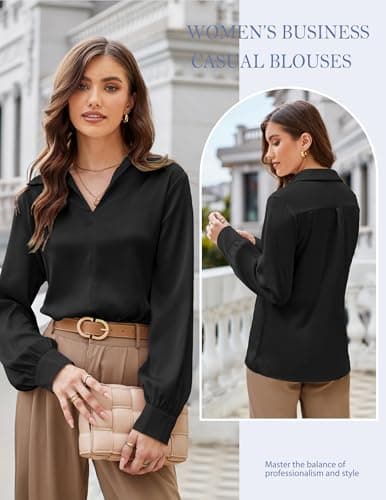 Women's Satin Silk Shirts Long Sleeve Casual Work Blouse Collared V Neck Top Fall Dressy Tops Black S thumbnail 5