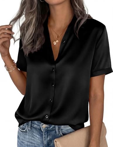 PRETTYGARDEN Womens 2026 Summer Button Down Shirts Short Sleeve Work Tops Dressy Satin Blouses Spring Business Casual Outfits (Black,Small) thumbnail 4