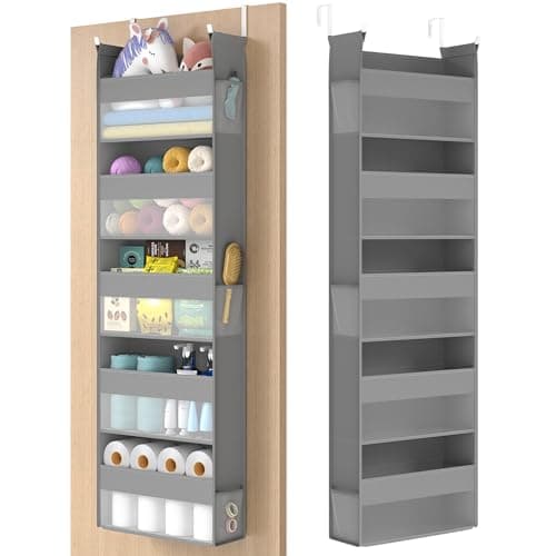 SONGMICS Over The Door Organizer, Hanging Door Organizer with 5 Large Pockets, 5-Tier Fabric Storage, Transparent Nylon Mesh, Foldable, Metal Hooks, with Side Pouches, Dove Gray UR