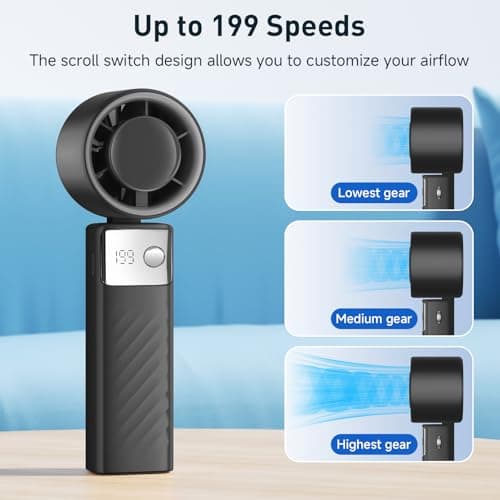 YOSHENMO Portable Handheld Turbo Fan - Foldable Mini Fan with Air Turbo Tech, 1-199 Speed Adjustment, 20H Runtime, LED Display, Battery-Powered for Indoor/Outdoor Use, Dark Black thumbnail 3