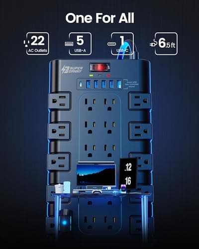 Power Strip, SUPERDANNY Surge Protector with 22 AC Outlets and 6 USB Charging Ports, 1875W/15A, 2100 Joules, 6.5Ft Flat Plug Heavy Duty Extension Cord for Home, Office, Dorm, Gamin thumbnail 2