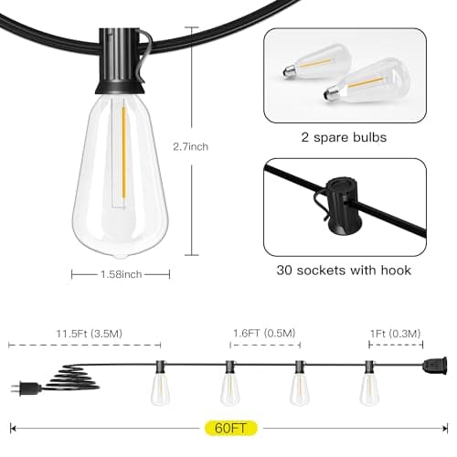 OHLUX Bistro String Lights Outdoor, 60FT Deck Lights with 32 Shatterproof ST38 Vintage Edison Bulbs, 2200K Warm Dimmable Connectable LED Light String for Outside Porch Yard Gazebos Balcony Garden thumbnail 5